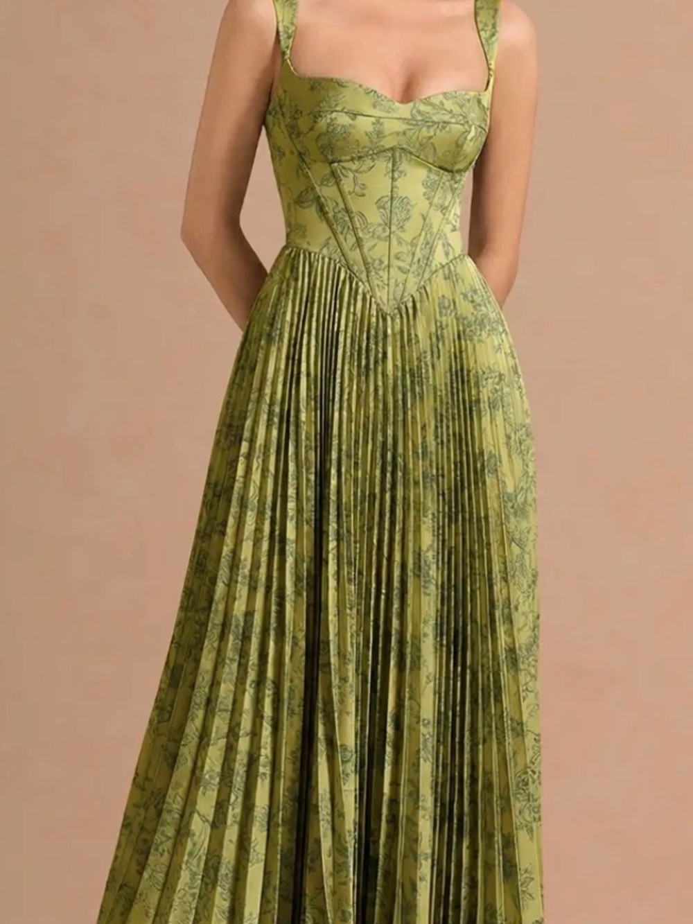 Olive Green Pleated Corset Maxi Dress